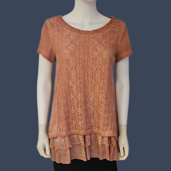 ALI MILES Blush Pink Lace Overlay Ruffle Short Sleeve Shabby Chic Tunic - Picture 1 of 10
